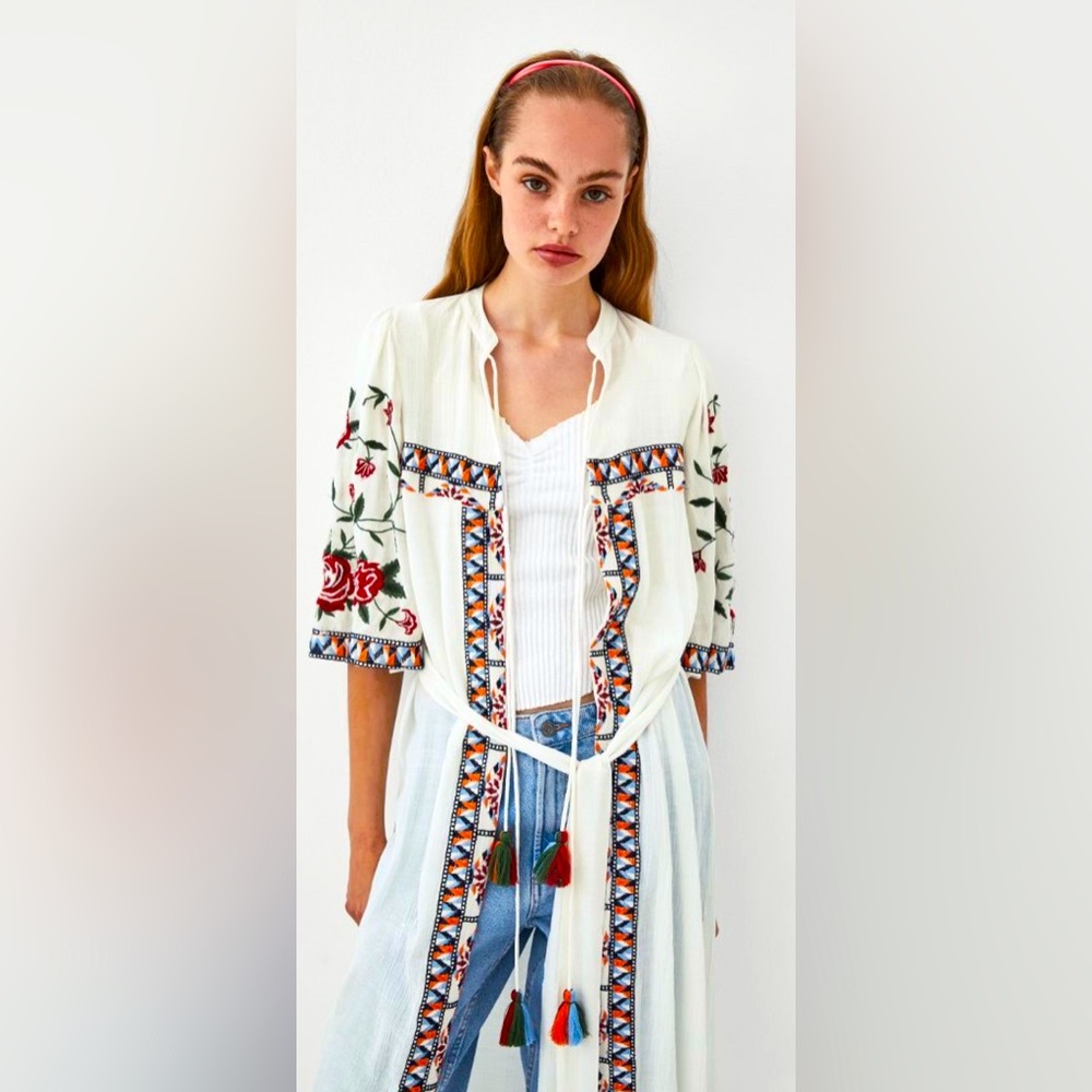 Zara White Midi Dress with Multicolor Embroidered Trim